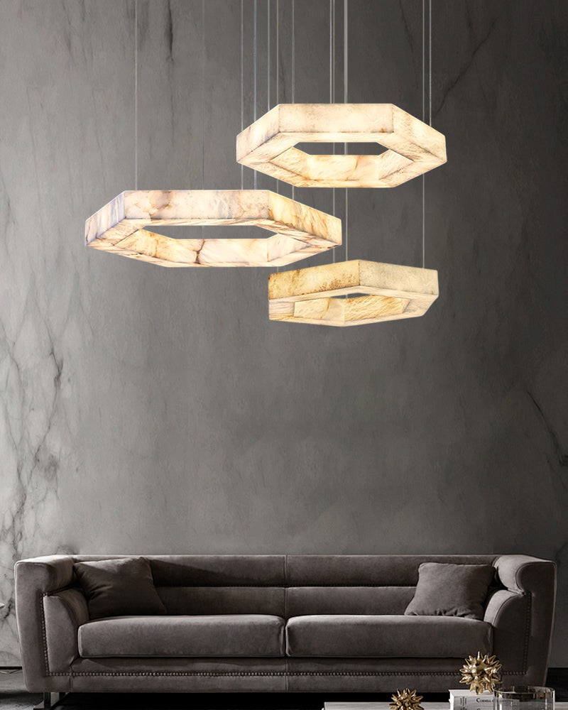 Hexagon Marble Pendant Lamp with adjustable cord & stepless dimming,20“24”31“40” Dia