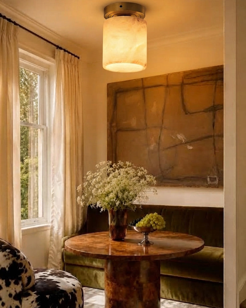 Alabaster Geometric Cylinder Capsule Light - Natural Spanish Alabaster, Lux Brass Trim - Living Rooms, Dining Rooms & Bedrooms