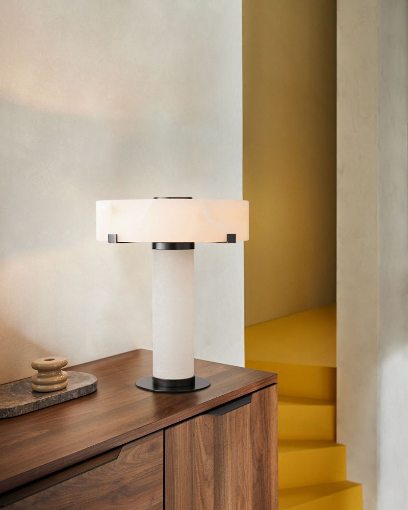 Ascot Series Architectural Table Lamp | Hand-Carved Column Natural Alabaster, Polished Brass and Black Accents for Contemporary Living Spaces Modern Table lamp