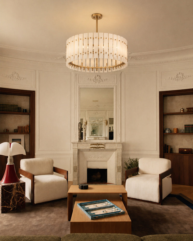 Burton Alabaster Gold Studded Panel Drum Pendant Light - Natural Spanish Alabaster Panels, Lux Gold Trim - Living Rooms & Dining Rooms