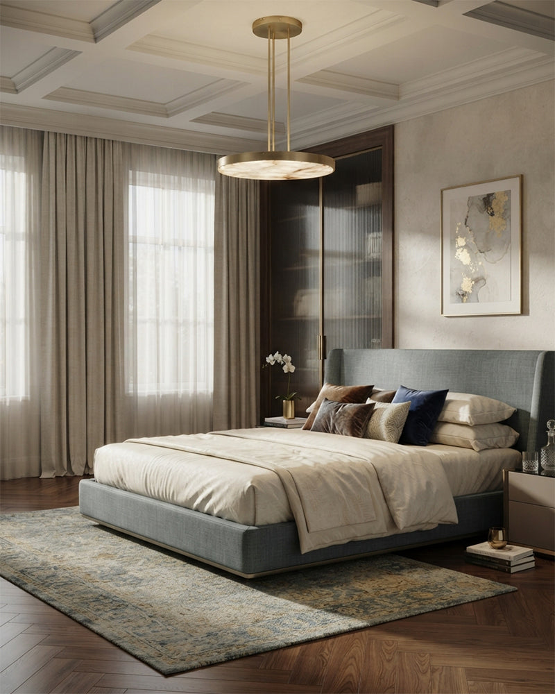 Knokke Alabaster Circular Disc Gold Framed Pendant Light - Natural Spanish Alabaster, Lux Gold Trim - Living Room, Dining Room & Bedrooms