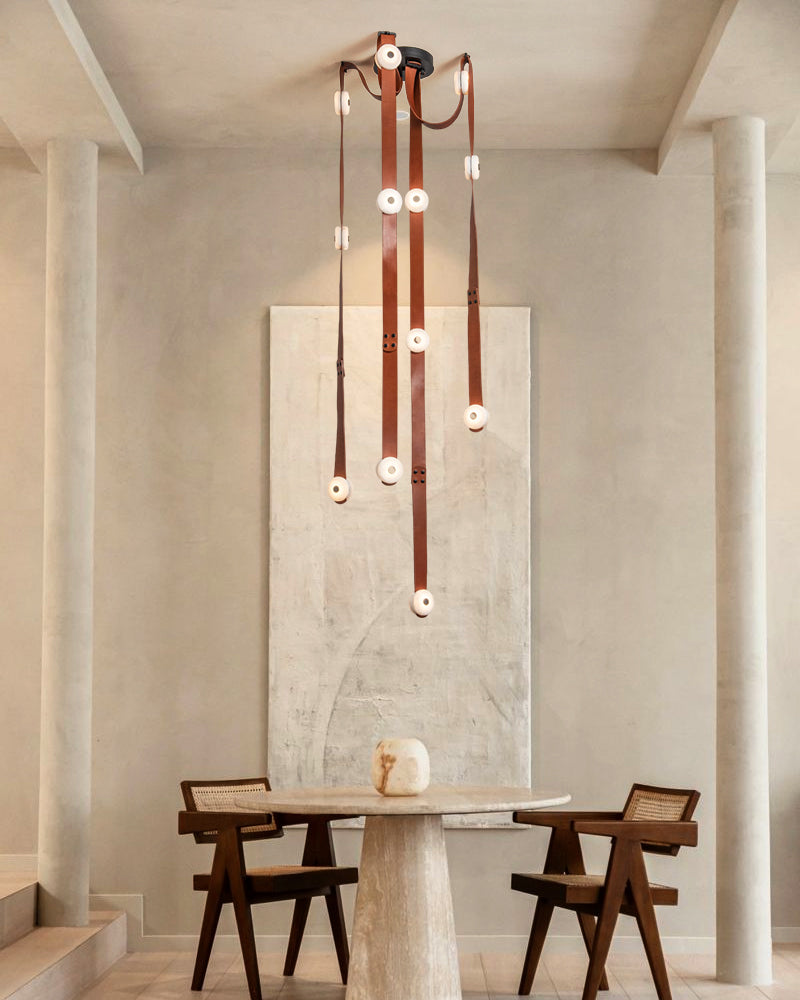 LED Module Snaps Alabaster Pug in Pendant Lighting with Extension Leather Straps