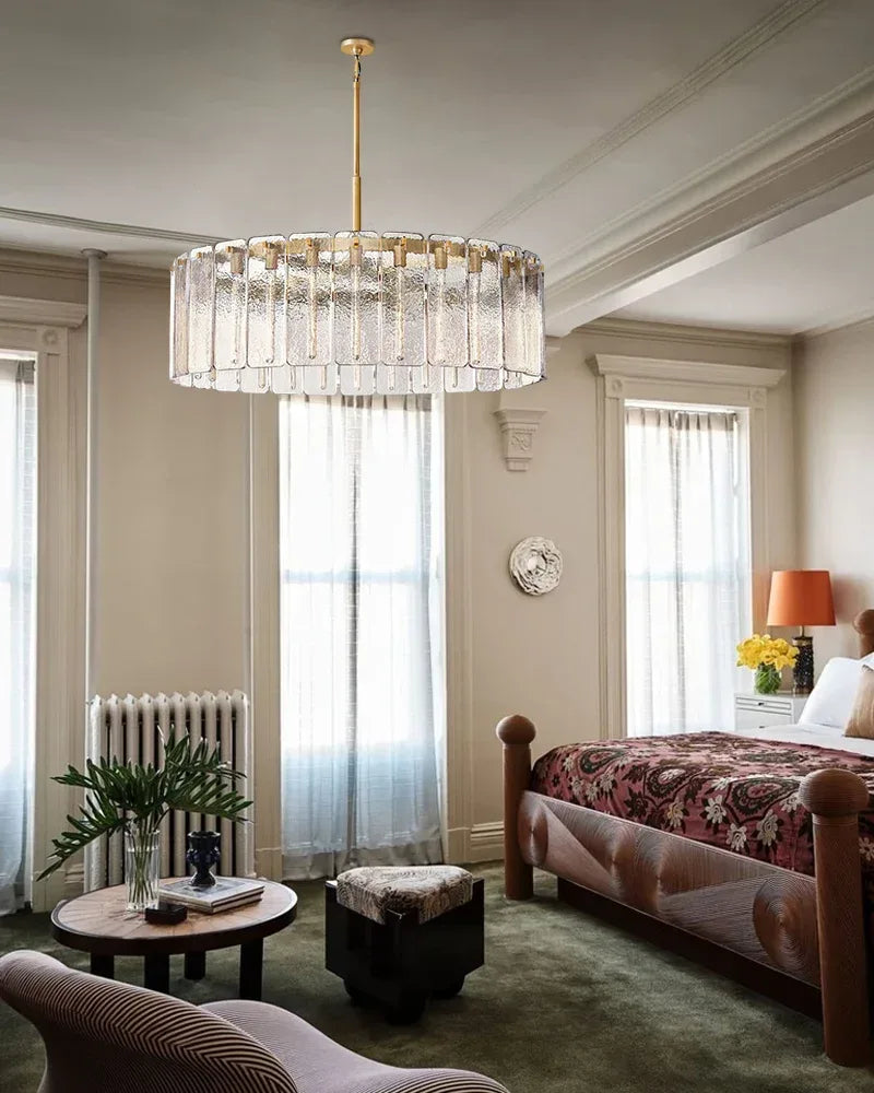 Winchester Series Geometric Chandelier | Round Handcrafted Rippled Cast Glass Panels, Lacquered Burnished Brass and Black for Modern Dining Rooms and Living Spaces American chandelier