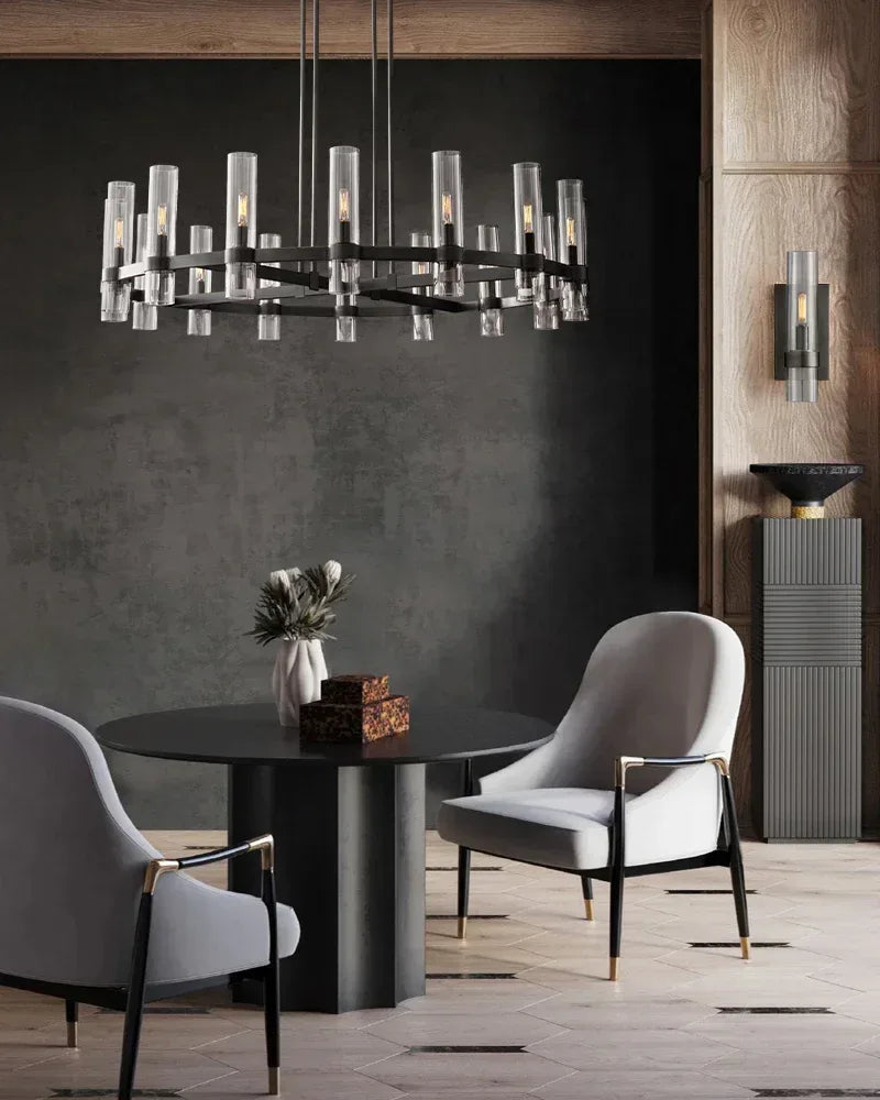 LightsStory Series Geometric Chandelier | Round Wheel Premium hand-blown glass and solid brass construction, Black Stainless finish for Dining Rooms and Living Areas American chandelier