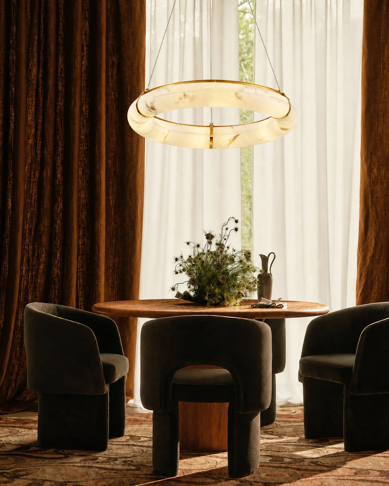 Cora Alabaster Circular Halo Suspended Ring Chandelier - Natural Spanish Alabaster, Lux Gold Trim - Living Rooms & Dining Rooms