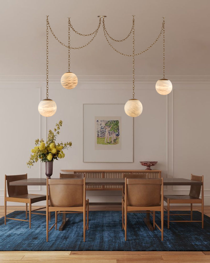 Modern Moon Alabaster Globe Swag Chandelier Wide 6" 8" 10" | Brass/Black Chain