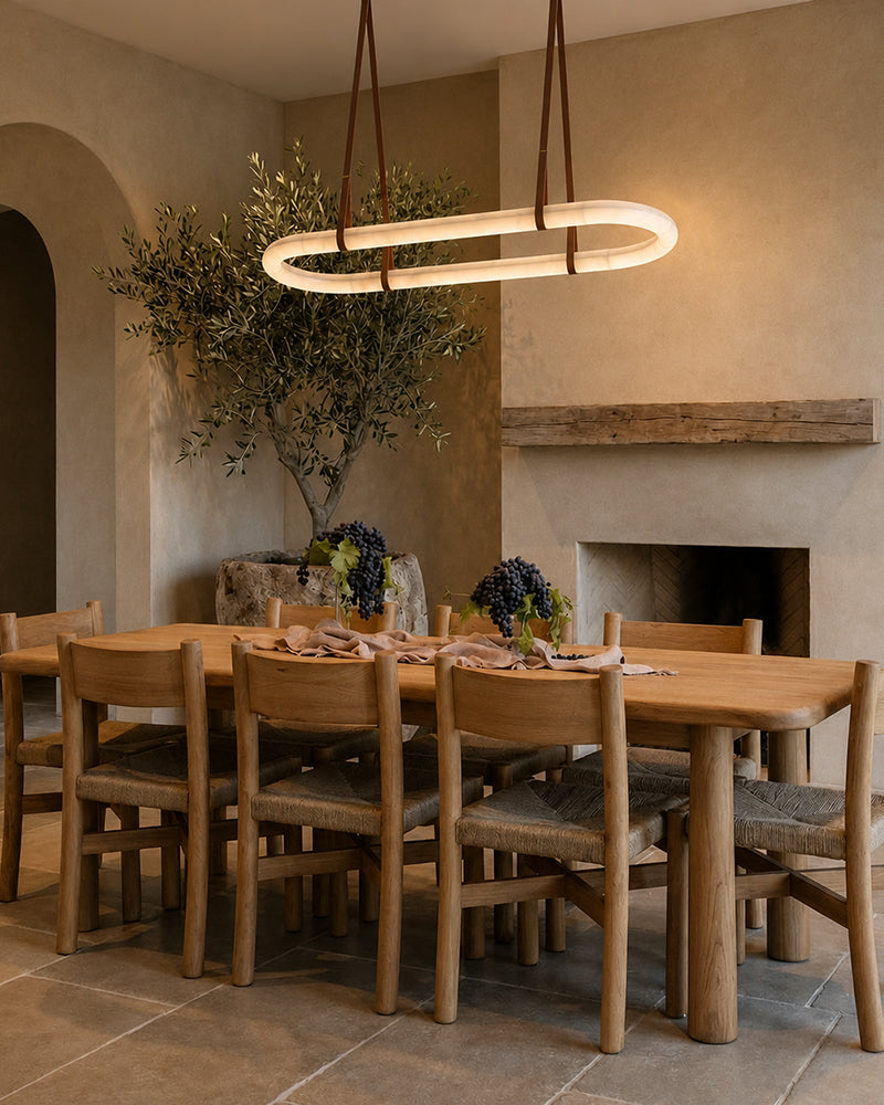 Alabaster Oval Pill Leather Strap Pendant Light - Natural Spanish Alabaster Halo, Organic Leather Trim - Kitchens, Dining & Living Rooms