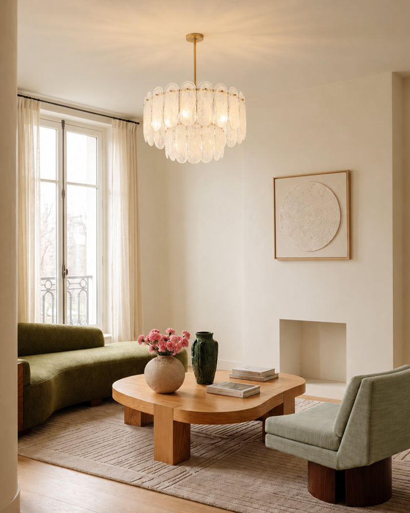Etienne Glass Petal Double Tier Drum Pendant Light - Serene Black Trim - Living Rooms & Dining Rooms
