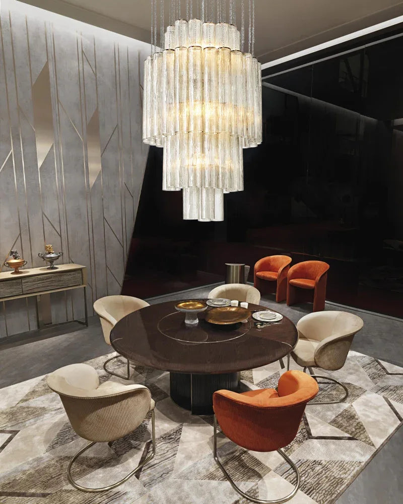 LightsStory Series Geometric Chandelier | Multi-Tiered Durable steel and translucent glass, Polished satin nickel finish for Grand halls, dining spaces, and statement staircases American chandelier