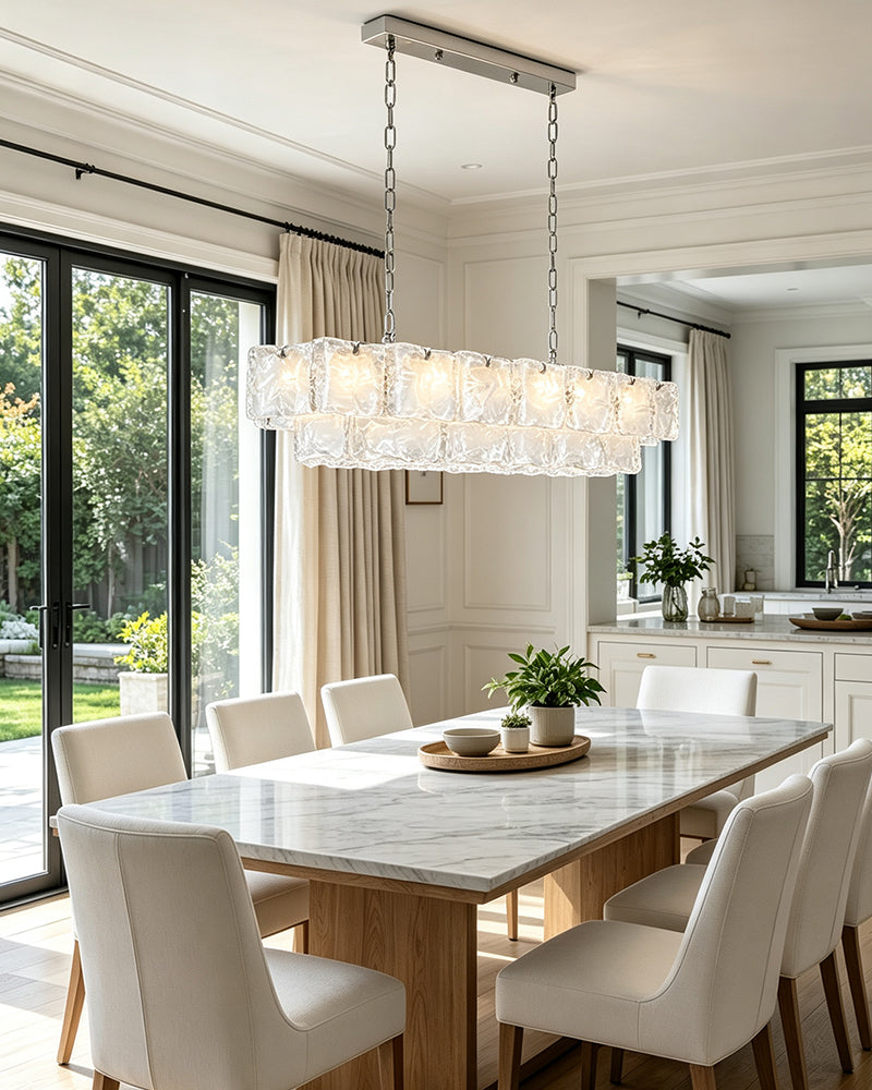 Chiara Murano Glass Contemporary Ethereal White Linear Chandelier - Lux Gold Trim - Kitchen Islands & Dining Rooms