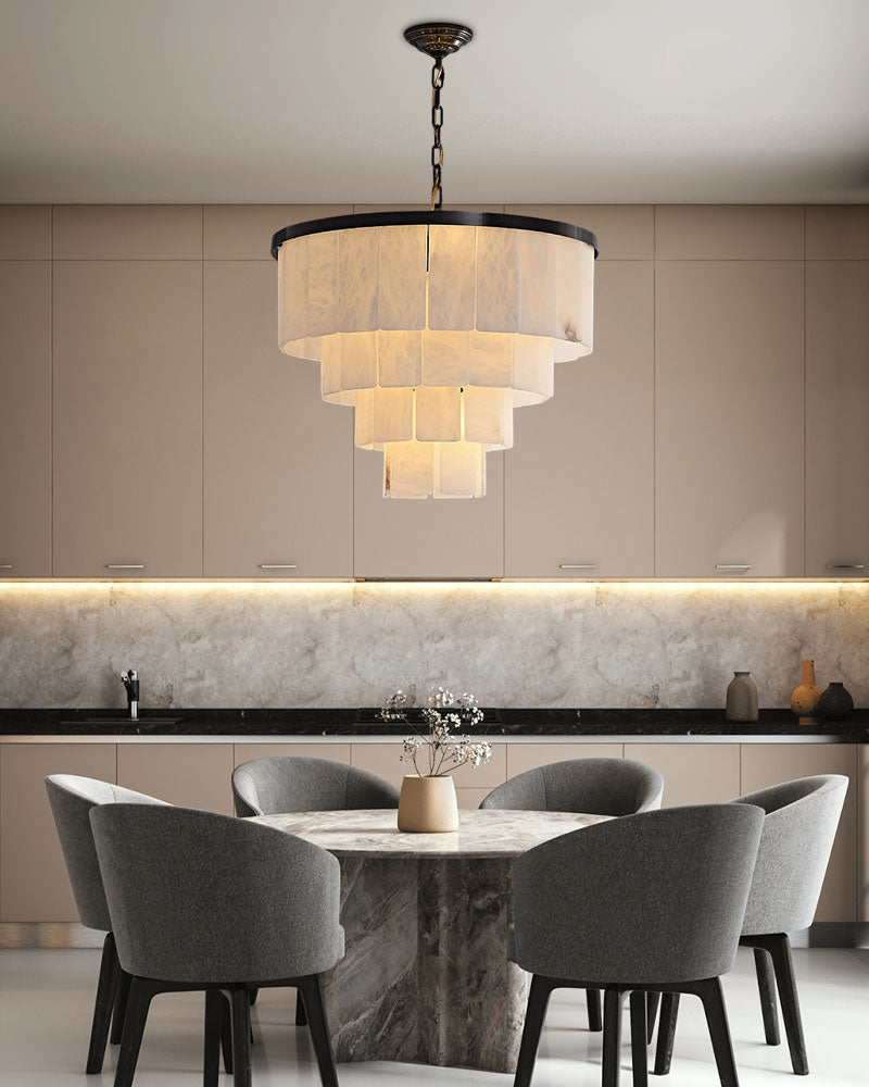 7-layer alabaster chandelier above elegant marble dining table in modern kitchen