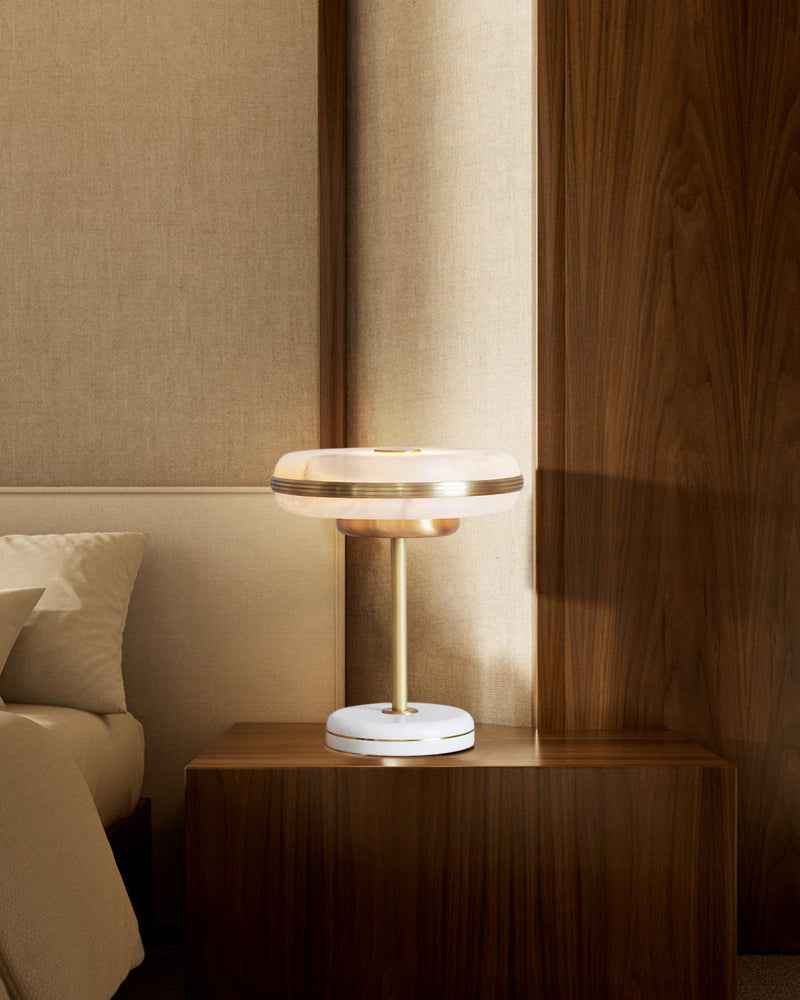 Alabaster Round Table Light - White Stone - Colorful Base - LED - Small