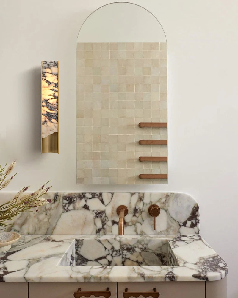 LightsStory Series Alabaster Square Wall Sconces, Natural Stone Brass & Black Metal LED Wall Lights Flush Mounted Wall Sconce Lamp
