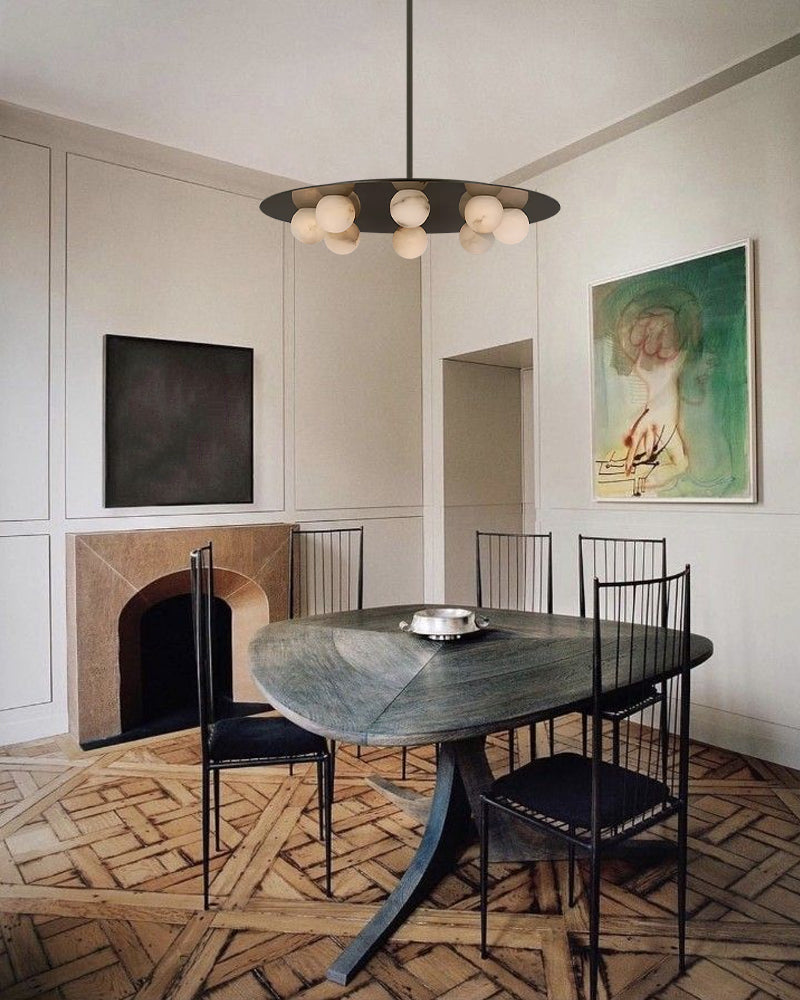 Alabaster Sphere Globes Gold Disc Canopy Pendant Light - Natural Spanish Alabaster Orbs, Lux Gold Trim - Kitchens, Dining & Living Rooms
