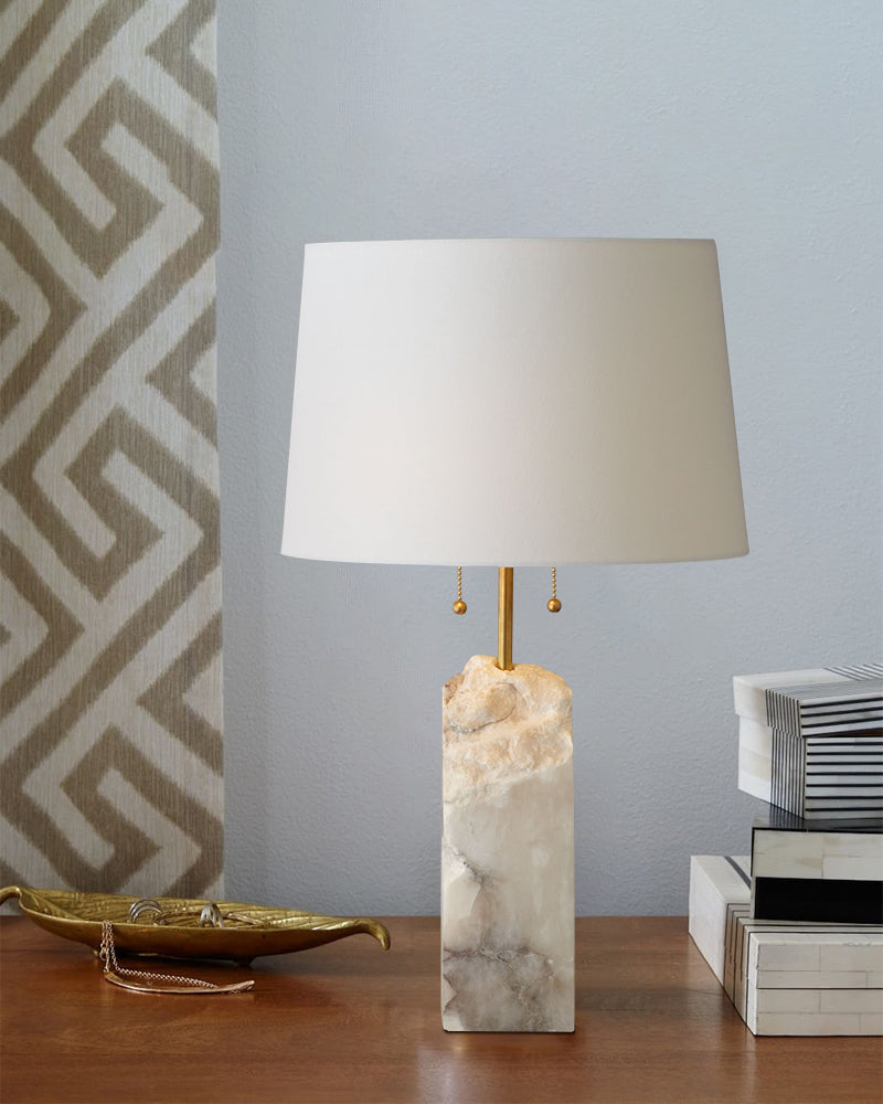 Square Raw White Alabaster Table Lamp with linen tapered shade for living room bedroom reading