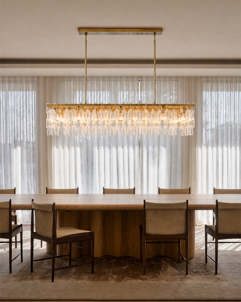 K9 Crystal Multi Tiered Concentric Glass Prism Linear Chandelier - Precision-Cut Crystal, Lux Gold Trim - Kitchen Islands & Dining Rooms