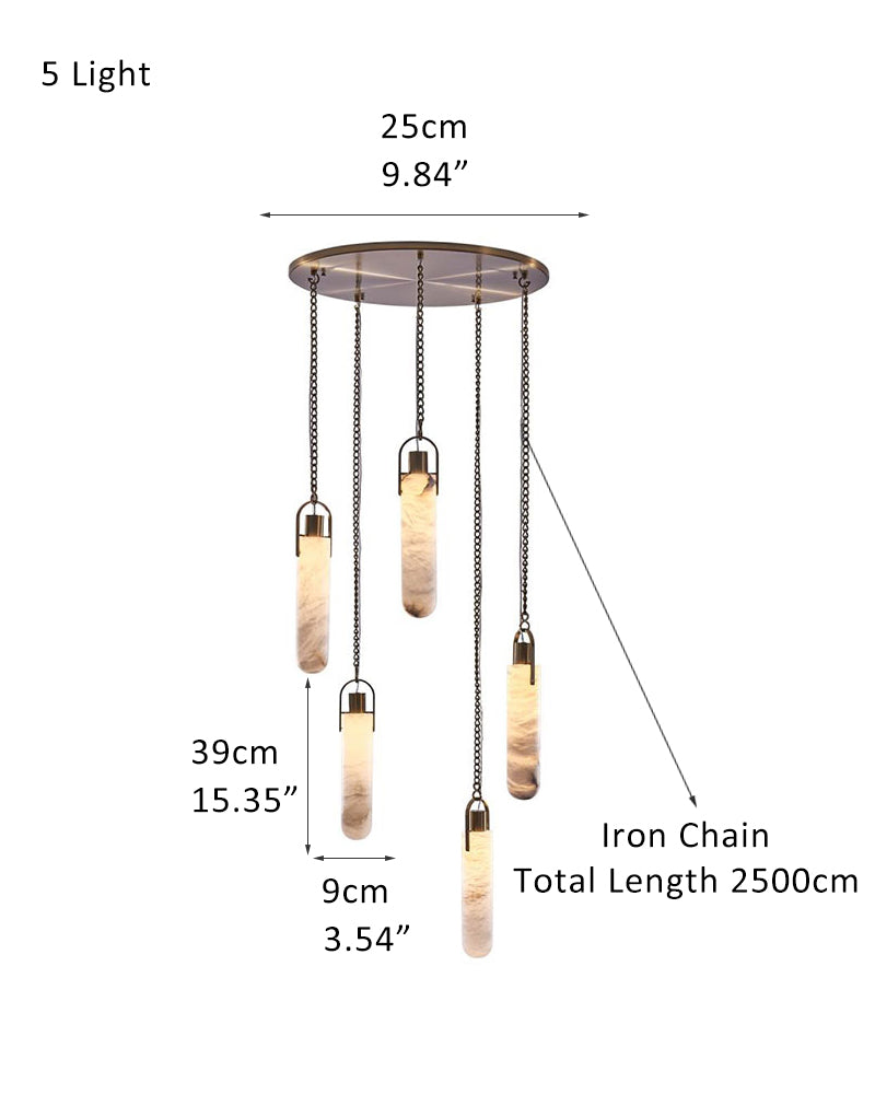 Dimensions of a 5-light brass LED pendant lamp with adjustable chain