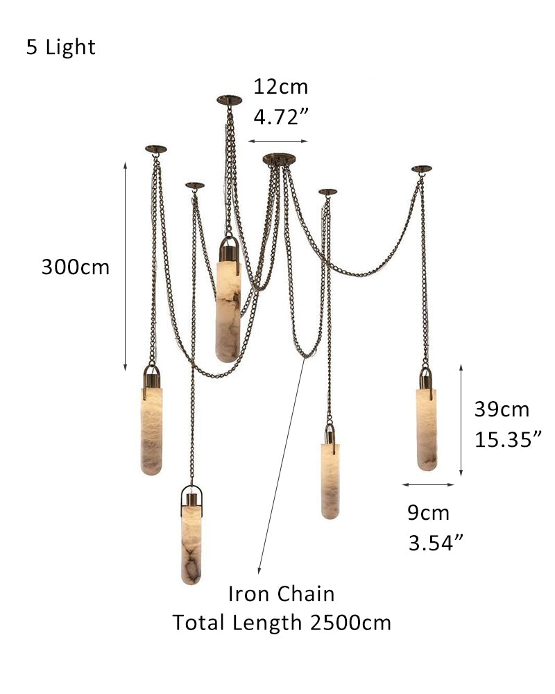 9-light brass LED cluster pendant lamp dimensions with adjustable chain, labeled measurements.