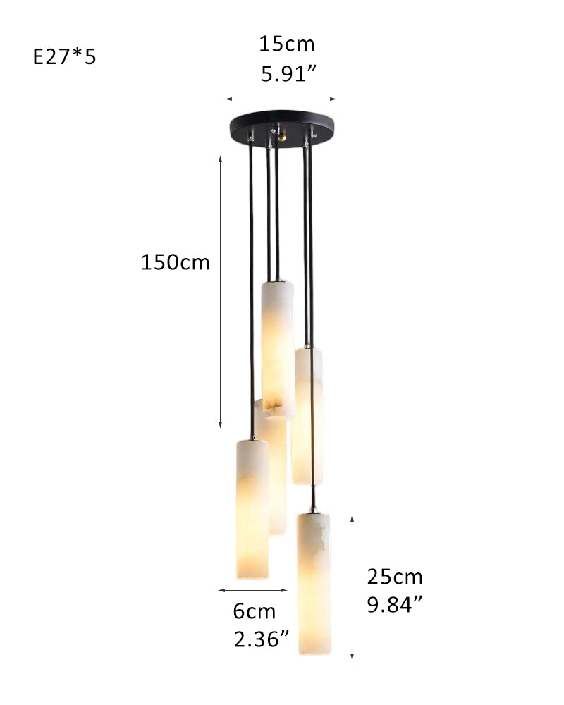 Dimensions of four cylindrical alabaster pendant lamps for modern interiors.