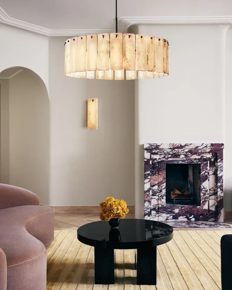 Winchester Series Geometric Chandelier | Round Handcrafted Solid Onyx Panels, Lacquered Burnished Brass for Modern Living Rooms and Dining Areas American chandelier