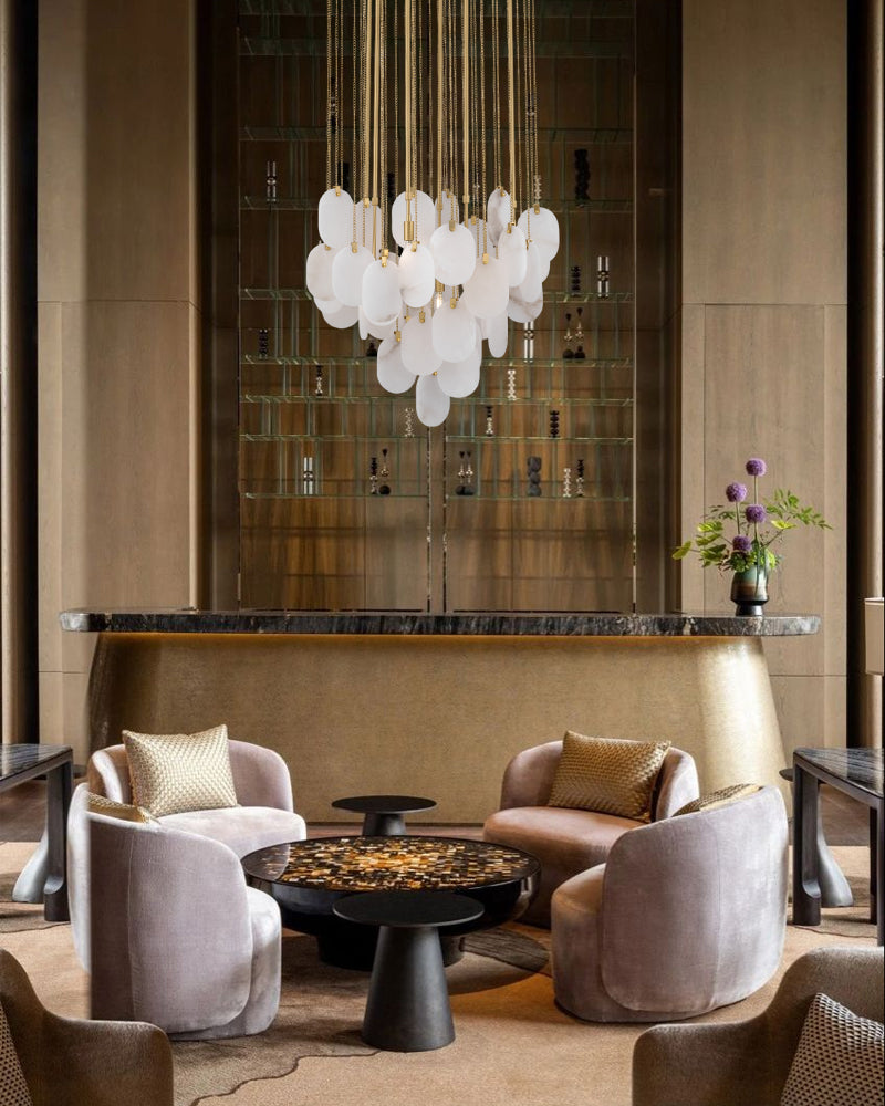 Fenwich Alabaster Gold Tag Cluster Pendant Light - Natural Spanish Alabaster Panels, Lux Gold Trim - Dining Rooms & Living Rooms