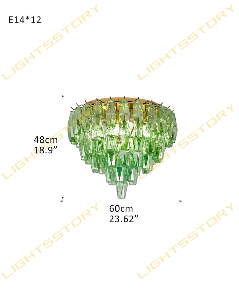 Murano Emerald Green Cascading Prism Ceiling Light - Flush Mount, Lux Gold Trim - Bedrooms & Living Rooms