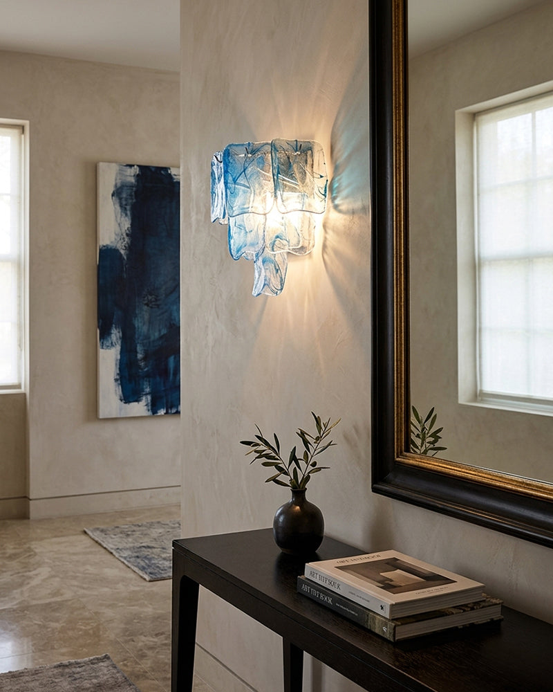 Murano Glass Azure Blue Tiered Ghiaccio Wall Light Sconce - Flush Mount, Lux Brass Trim - Dining Rooms & Living Rooms