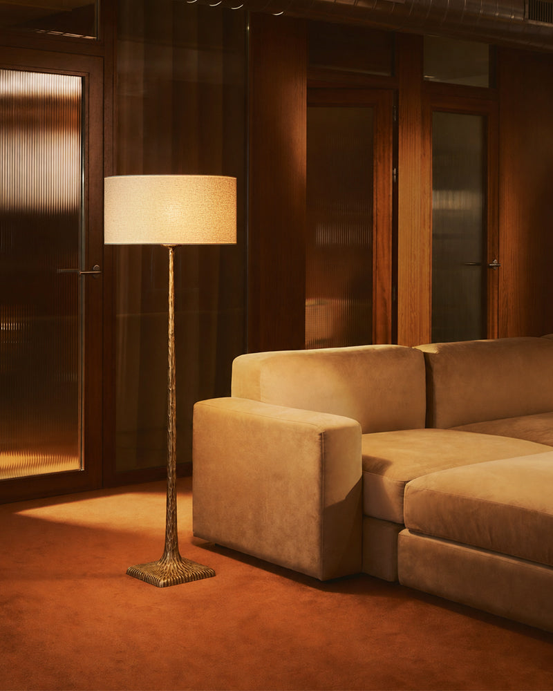 Hammered Brass Tapered Column Drum Floor Lamp - Lux Heritage Brass, Organic Linen Shade - Bedroom & Living Rooms