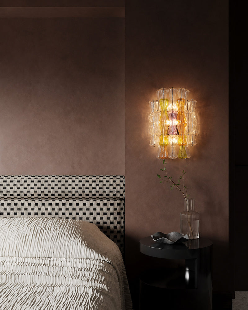 LightsStory Murano Glass Sculpture Amber Sconce - Hand-Blown Amber Glass, Lux Gold Trim - Bedrooms, Hallways & Bathrooms