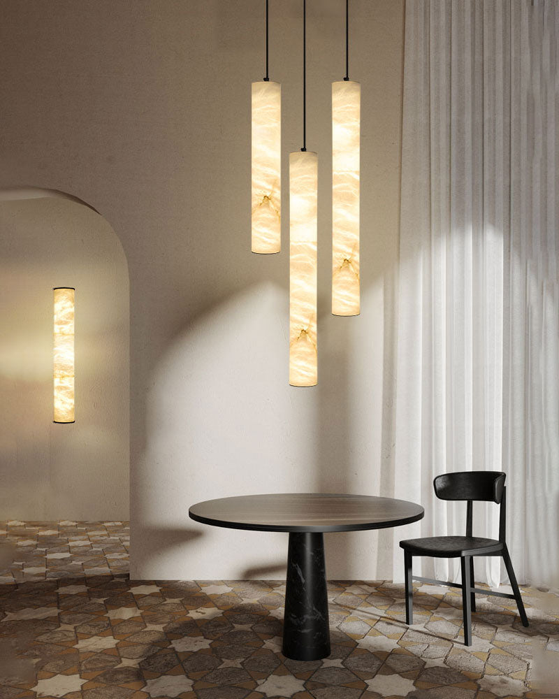 Tubular Bells Alabaster Cylinders LED Pendant Lamp in horizonal & vertical