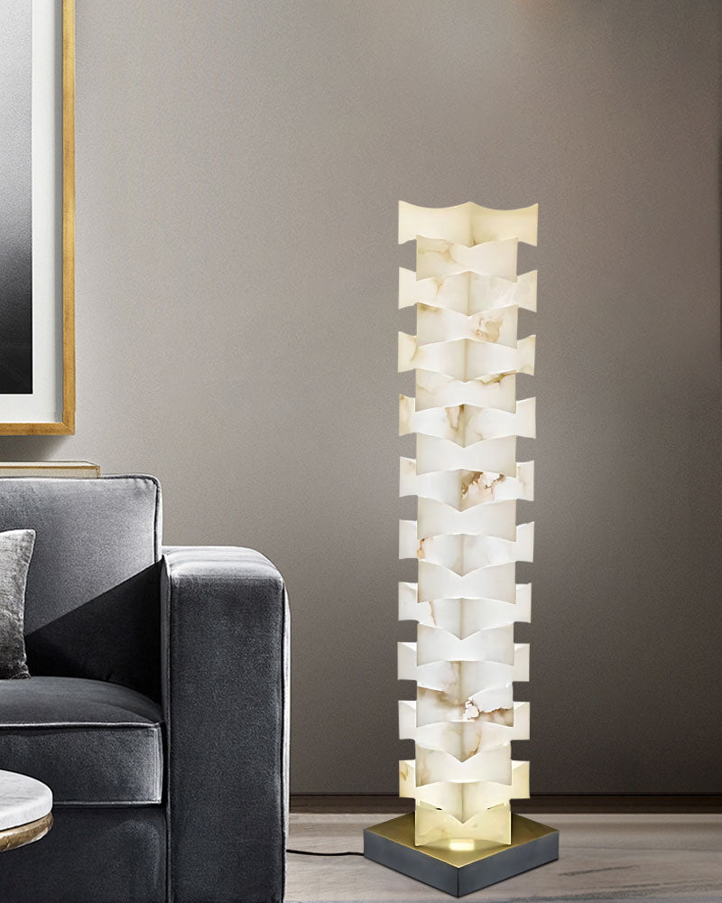 LED Stacked Laminated Square High Floor Lamp with Alabaster Marble shade