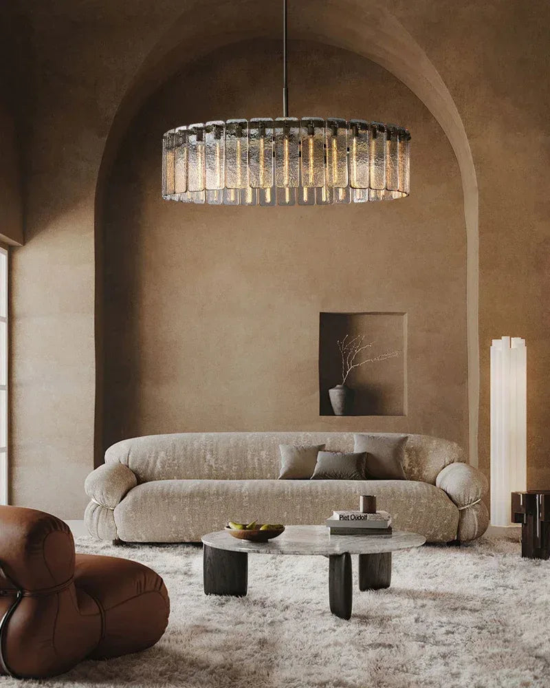 Winchester Series Geometric Chandelier | Round Handcrafted Rippled Cast Glass Panels, Lacquered Burnished Brass and Black for Modern Dining Rooms and Living Spaces American chandelier