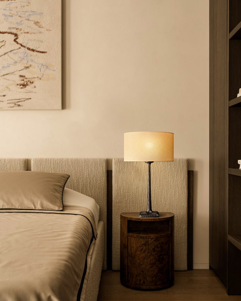 Classic Hammered Sculptural Trunk Drum Table Lamp - Matte Hammered Brass Stem & Fabric Drum - Bedroom & Living Rooms