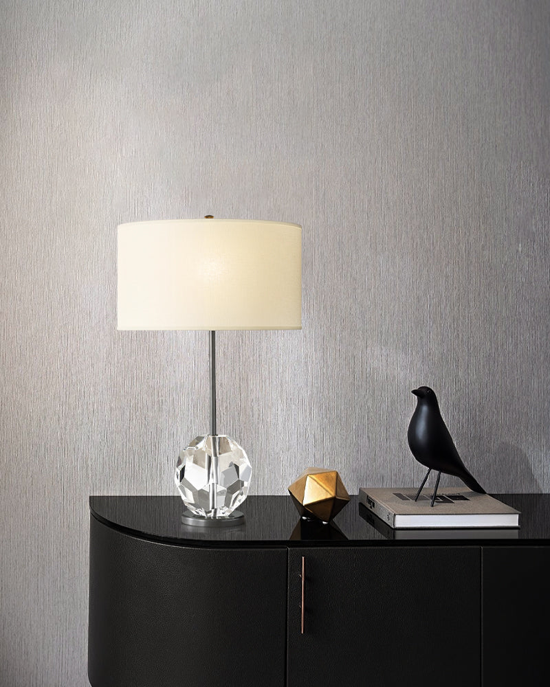 Contemporary Faceted Glass Base Table Lamp 18" in ,black,brass,nickel with beige frabic shade