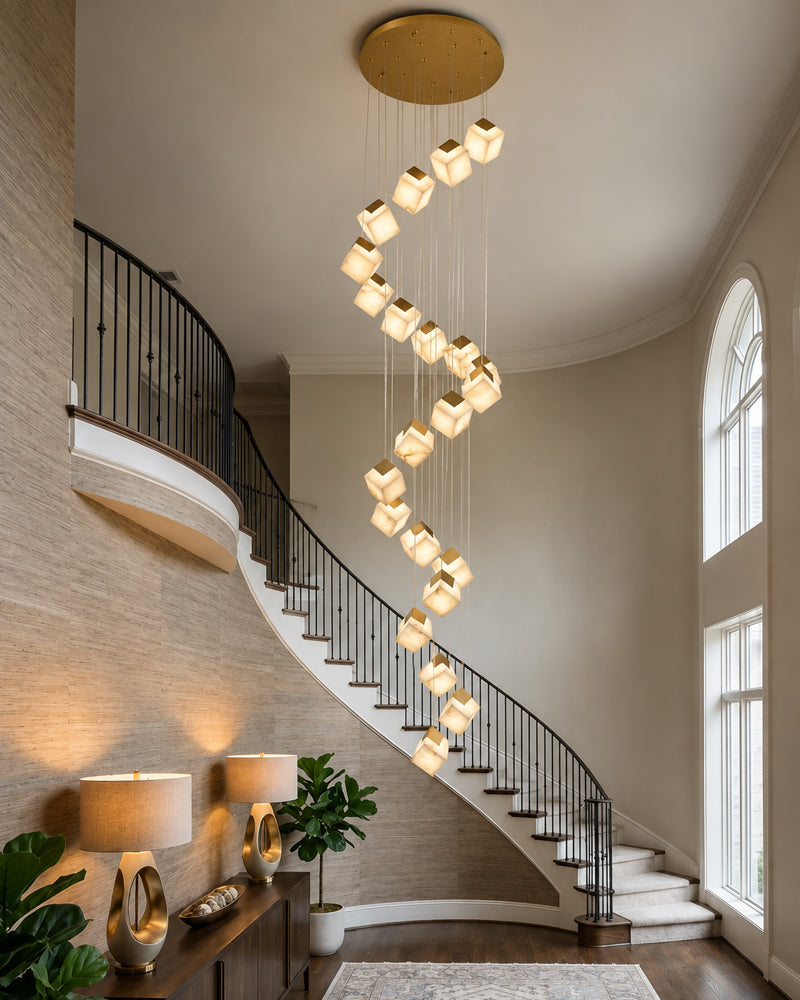 Alabaster Cube Cluster Sculptural Pendant Light - Natural Spanish Alabaster, Lux Gold Trim - Lobby, Foyer, Stairwells and High Ceilings