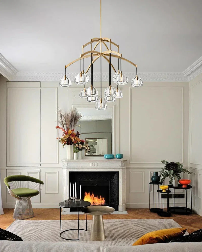 Verbier Series Ethereal Chandelier | Crystal Hemisphere Lathe-carved solid crystal blocks and solid brass frame, Brushed Black Steel finish for Grand Foyers and Dining Rooms American chandelier