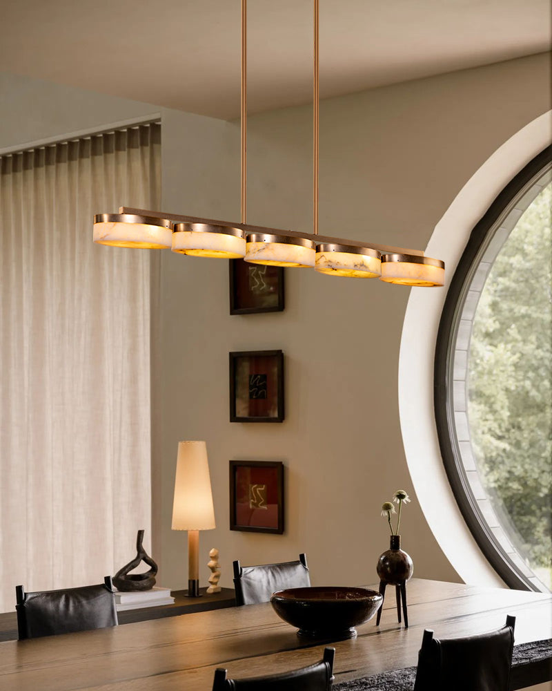 Alabaster Multi Disc Cluster Linear Pendant Light - Natural Spanish Alabaster, Lux Gold Trim - Kitchen Islands & Dining Rooms