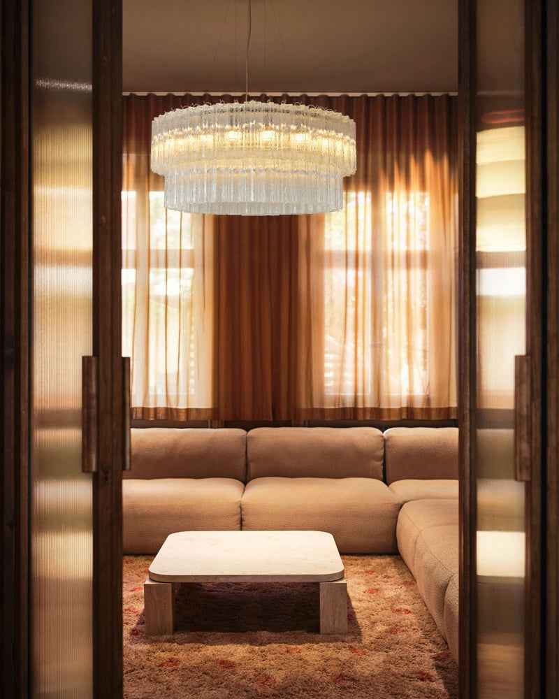 LightsStory Murano Glass Round Mutil-layers Chandelier - Clear Star Shape Glass - Luxury Living Room