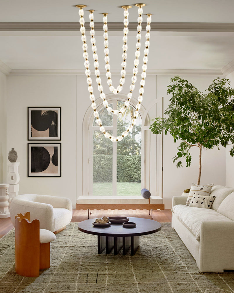 Clairval Glass Bead Rope Hanging Pendant Light - Clear Glass, Lux gold Trim - Lobby, Living Rooms & High Ceilings