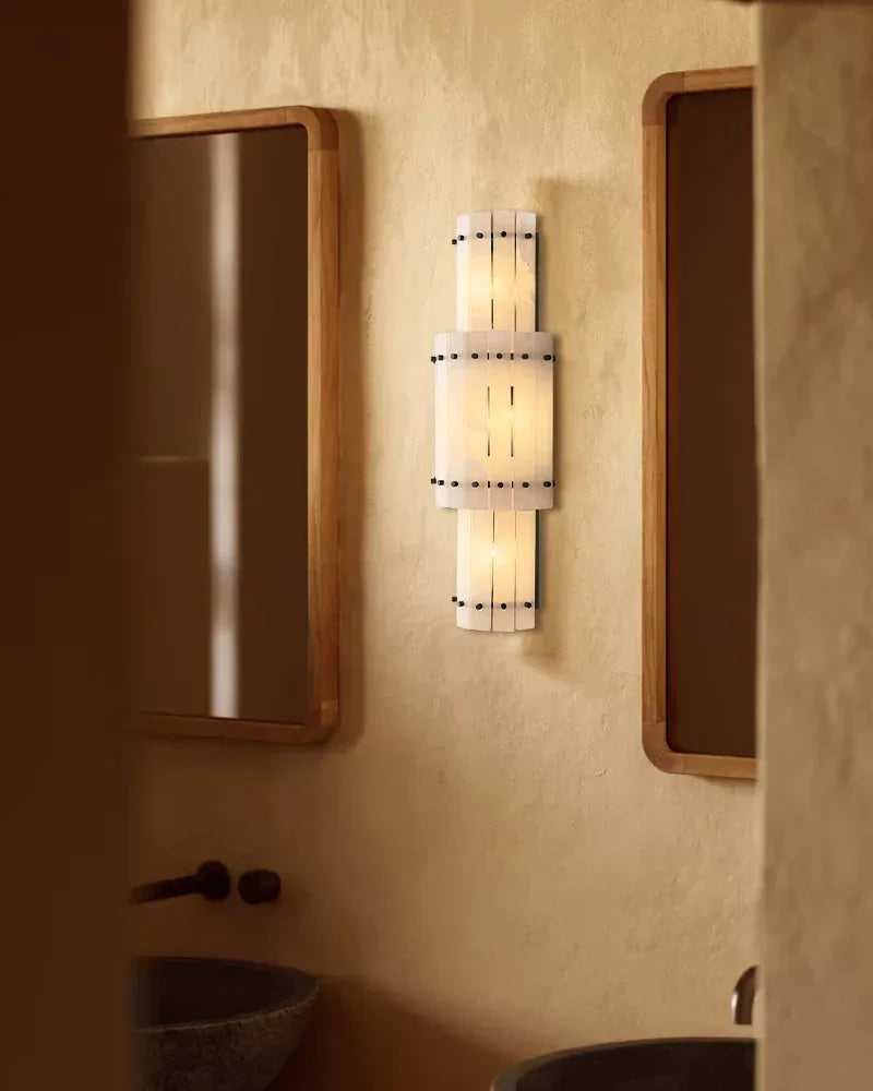 Val d’Isère Series Architectural Wall Sconce | Tiered Alabaster Handcrafted Alabaster panels and mid-century steel, Premium Steel finish for Hallways and Living Spaces Flush Mounted Wall Sconce Lamp