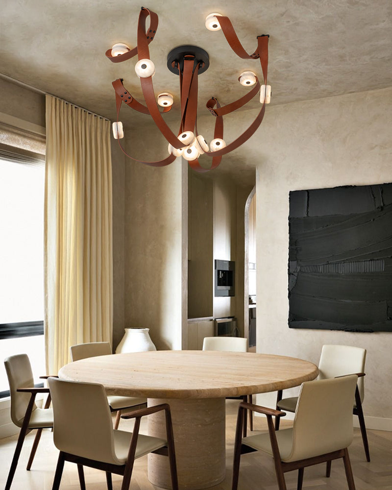 LED Mini SNAPS Module Ceiling Alabaster Pendant Light with Brown Leather Straps