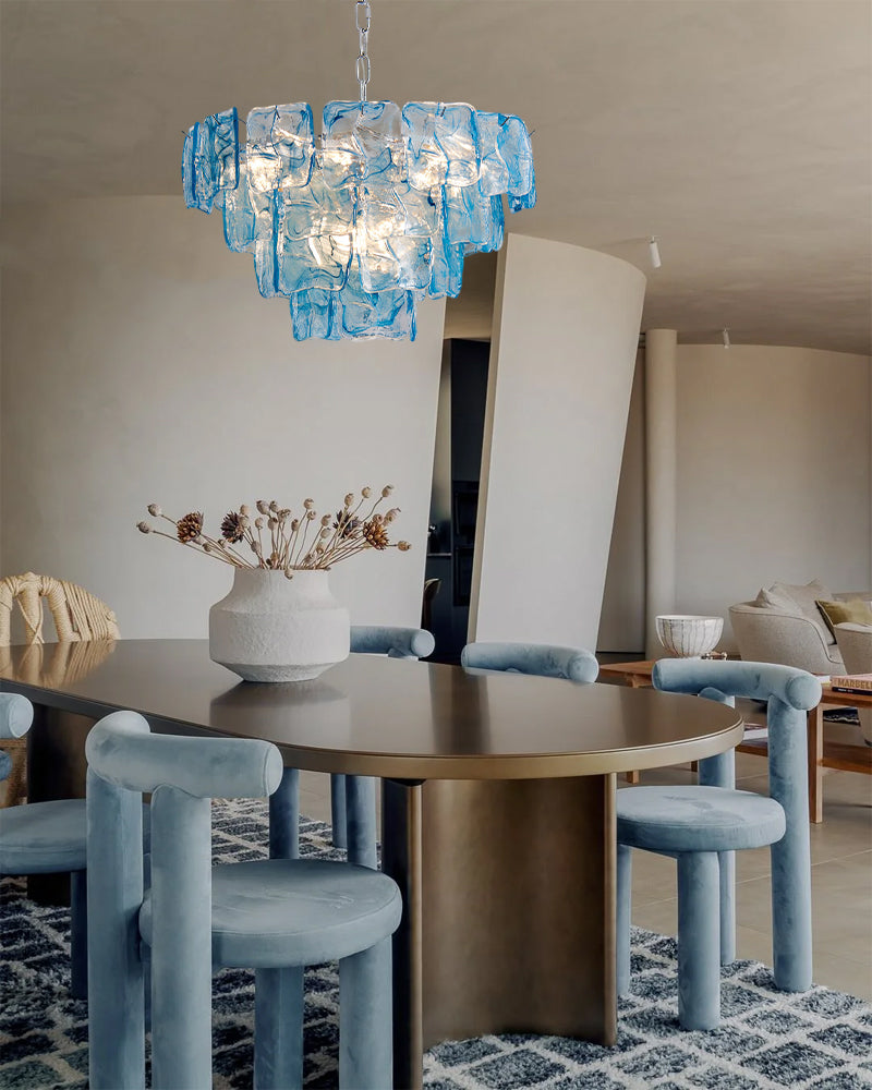 Murano Glass Azure Blue Circular Prism Multi Tiered Waterfall Chandelier - Handblown Glass, Brass Trim - Living Rooms, Dining Rooms & Bedrooms