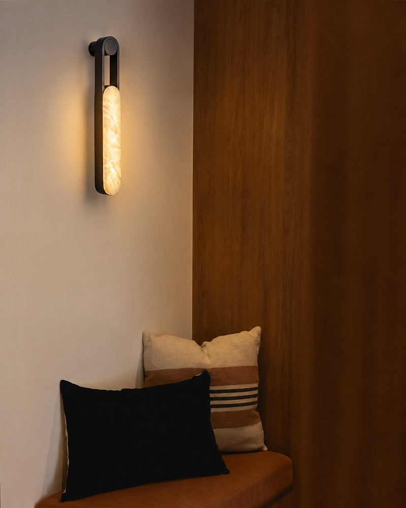 Alabaster Elongated Oval Capsule Gold Mounted Wall Light Sconce - Natural Spanish Alabaster Wall Lamp - Bedroom & Living Room