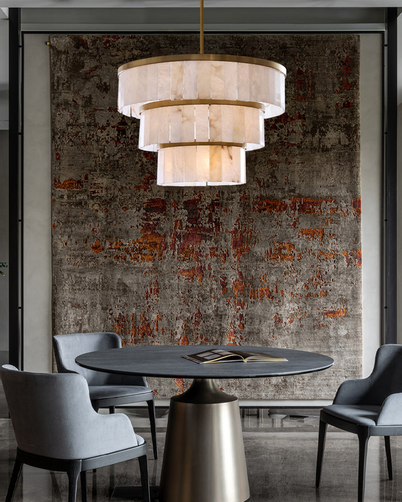 Handcrafted Windham Alabaster Tier Round Chandelier In Brass/Black Finish