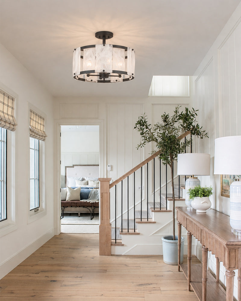 Solstice Ghiaccio Glass Drum Ceiling Light - Semi Flush Mount, Lux Gold Trim - Hallways, Foyers, Dining Rooms & Living Rooms