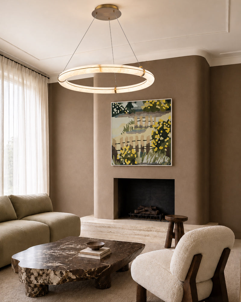 Cora Alabaster Circular Halo Ring Chandelier - Natural Spanish Alabaster, Lux Gold Trim - Dining Rooms & Kitchens