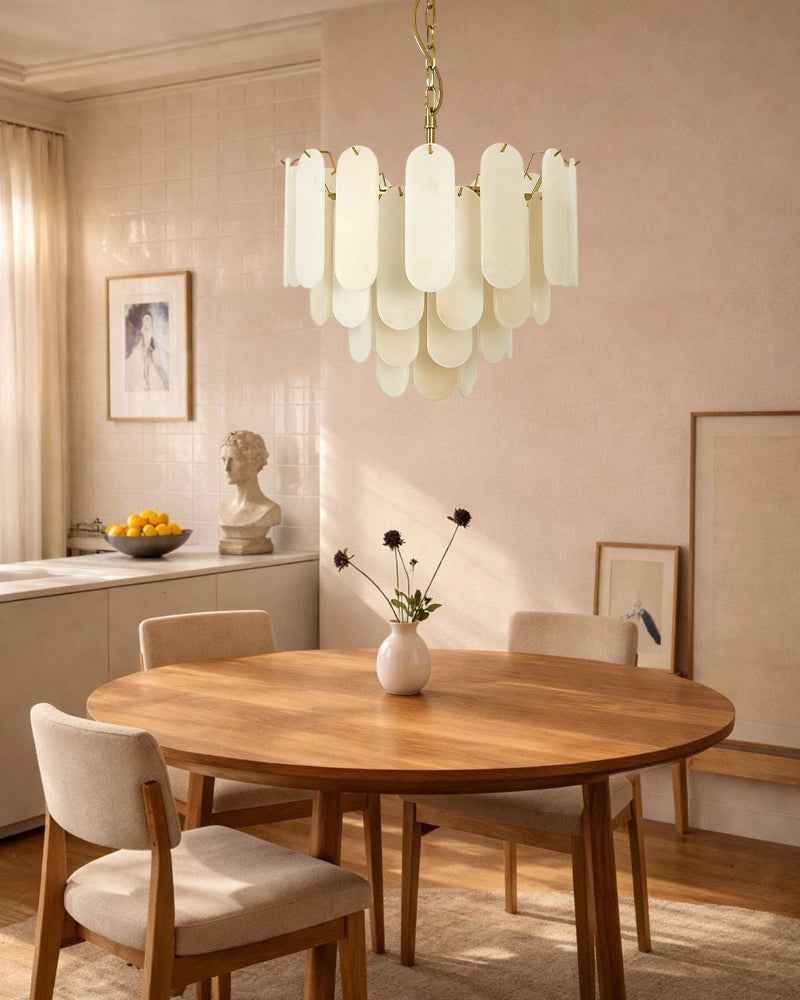 Alabaster Tiered Chandelier-Natural Stone Pendant Light Fixture-White and Brown (Copy)
