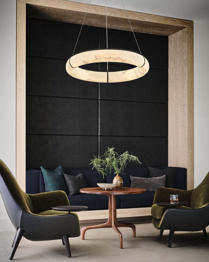 Cora Alabaster Circular Halo Suspended Ring Chandelier - Natural Spanish Alabaster, Lux Gold Trim - Living Rooms & Dining Rooms