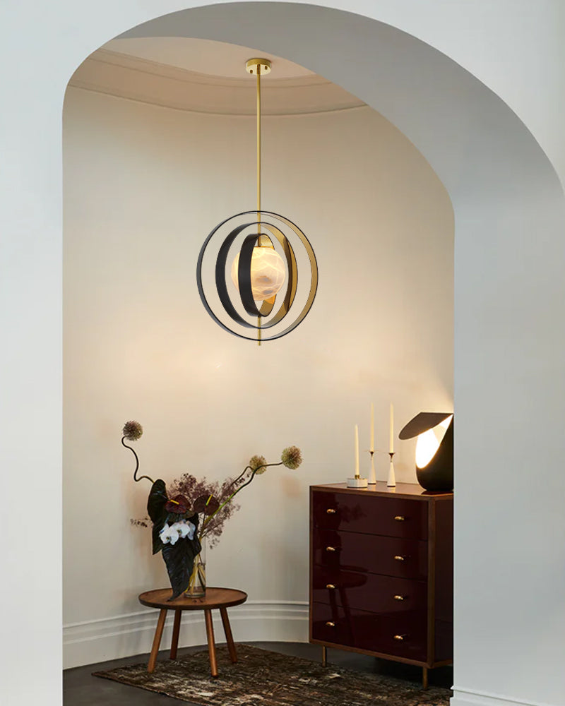 Modern Alabaster Round Chandelier Pearl - Gold & Bronze Rotatable Ring Highlight Finish