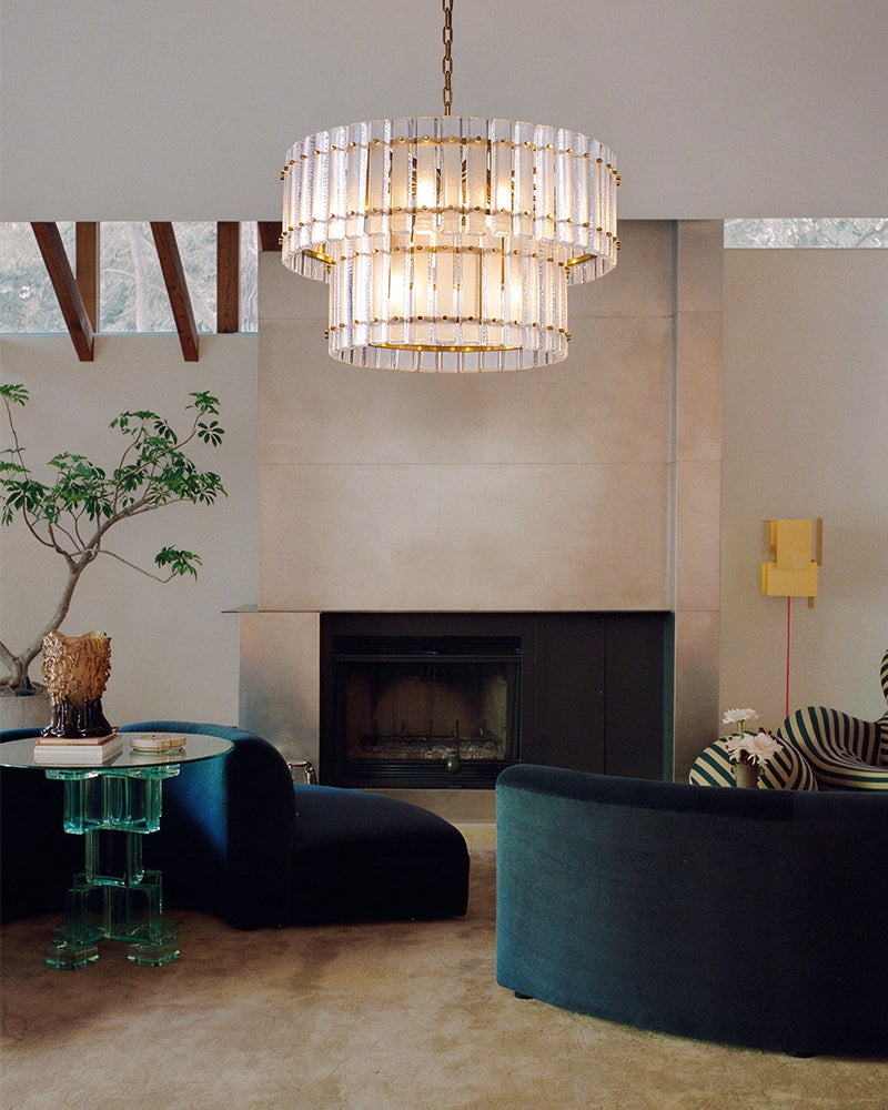 Solstice Aura Ghiaccio Glass Double Tier Drum Chandelier - Lux Gold Trim - Foyers, Dining Rooms & Living Rooms